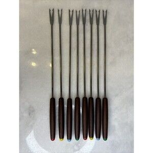 Vintage Fondue Fork Set (8) Color Coded Stainless Steel Wood Handle 10.5 In